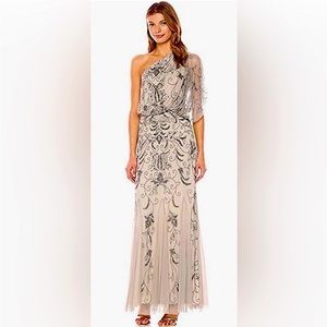 Adrianna Papell one shoulder beaded platinum gown